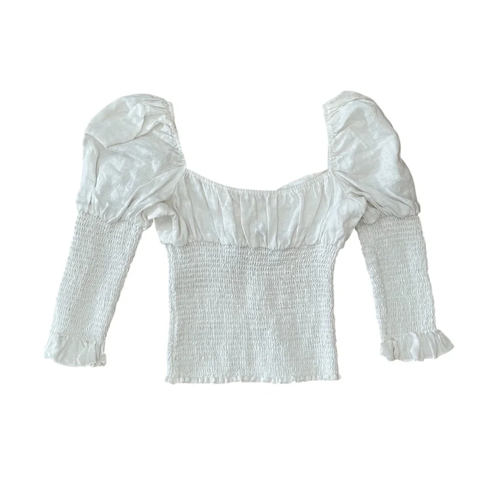Reformation Haven White Smocked Linen Puff Sleeve Top Size M